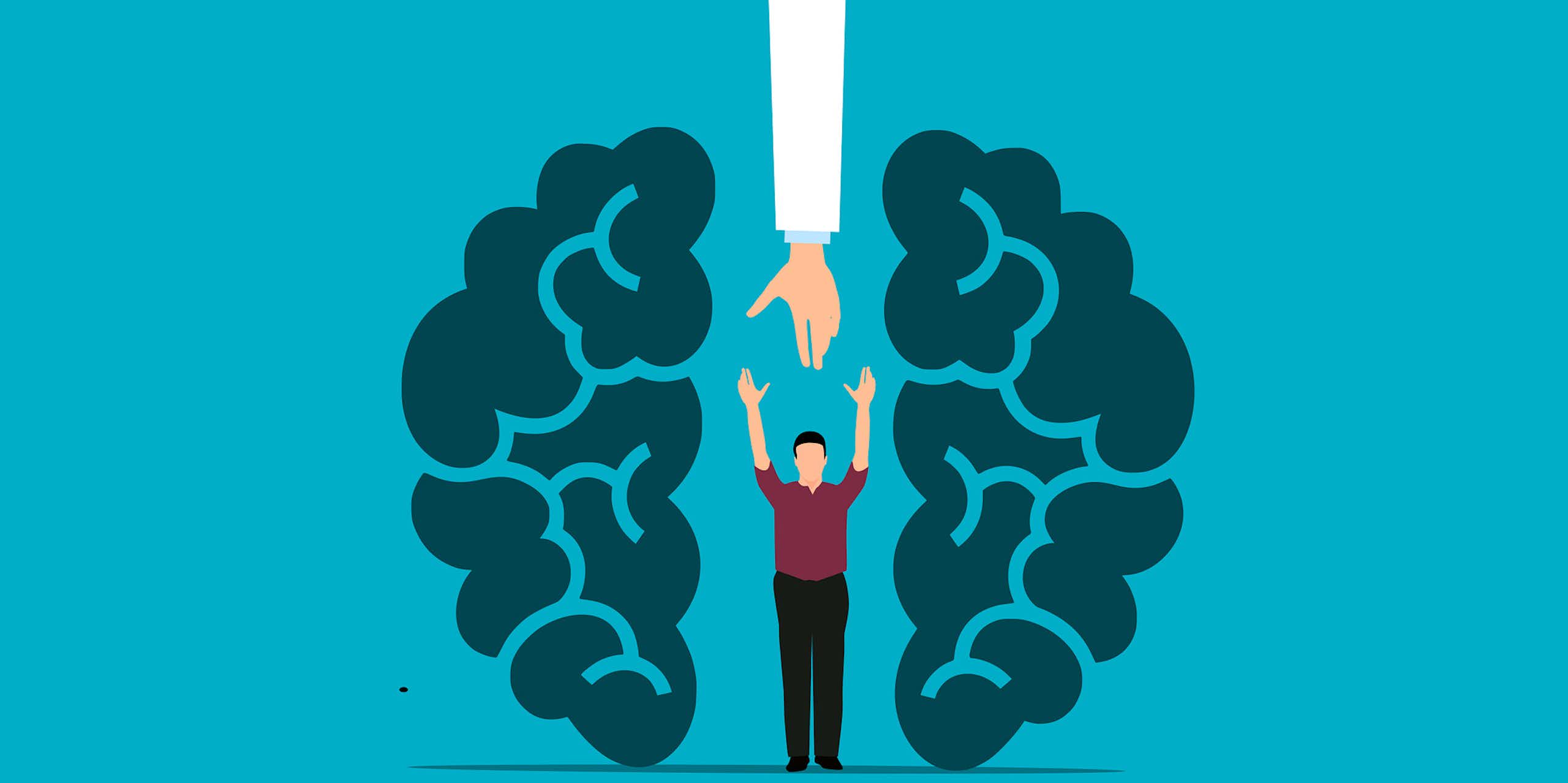 Représentation graphique d'un homme à l'intérieur d'un cerveau avec un grand bras tendu vers le bas pour l'aider à sortir.
