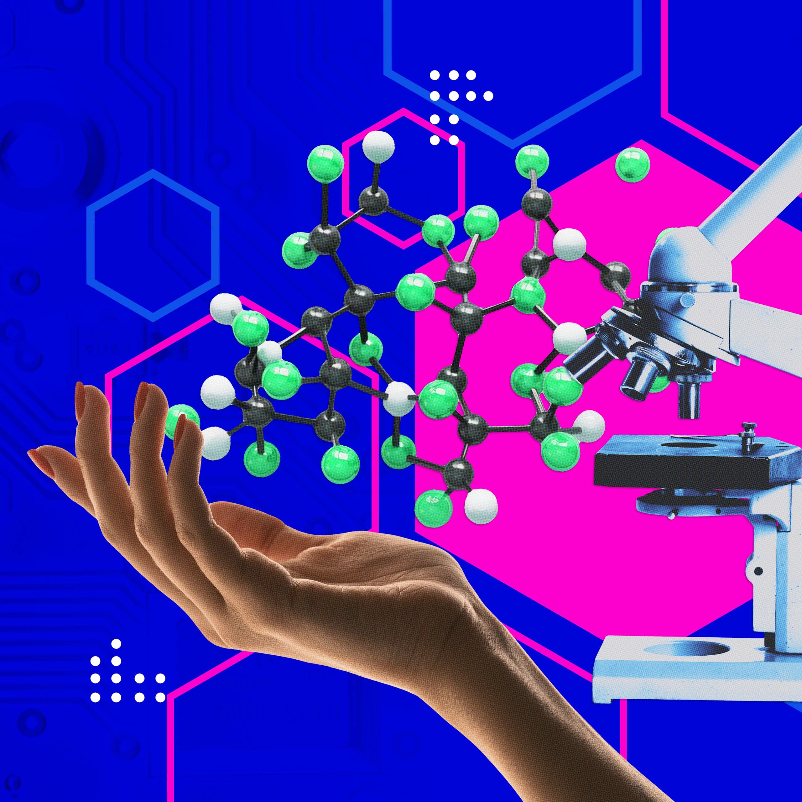 Human hand holding molecular structure next to microscope.