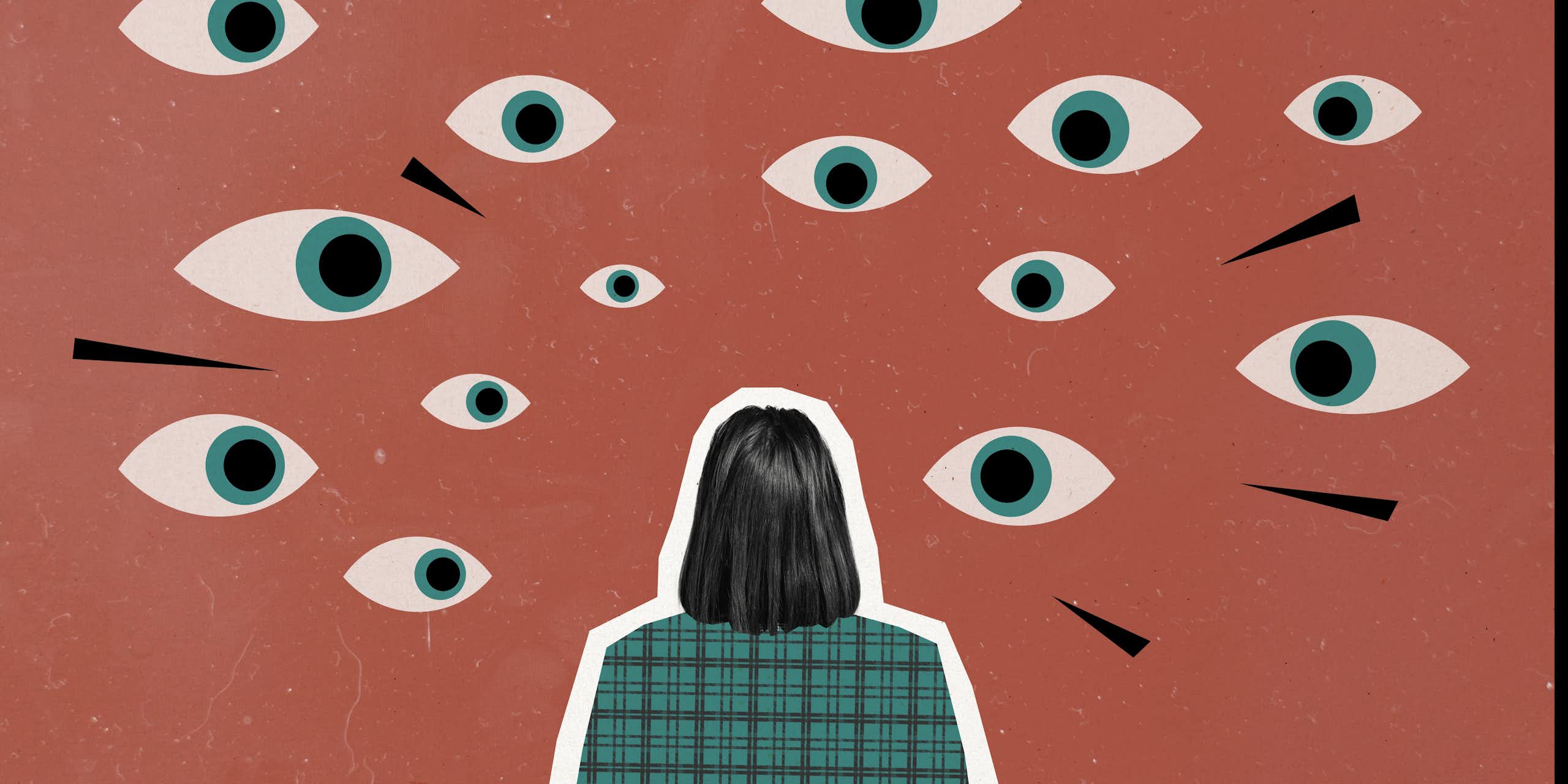 Collage of lots of eyes looking at a person.