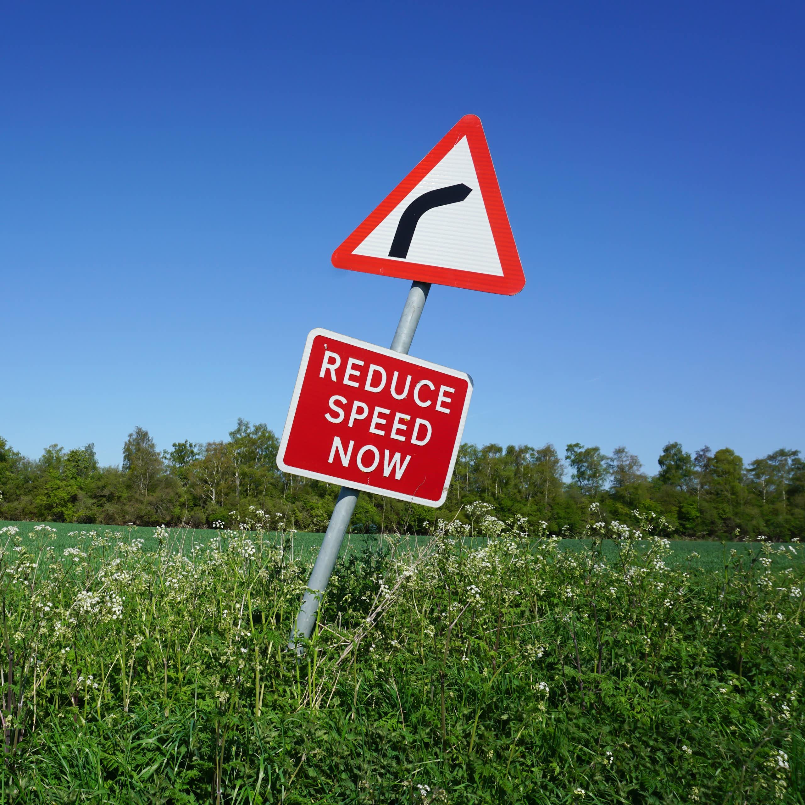 Red and white road sign in the countryside instructing people to slow down.  