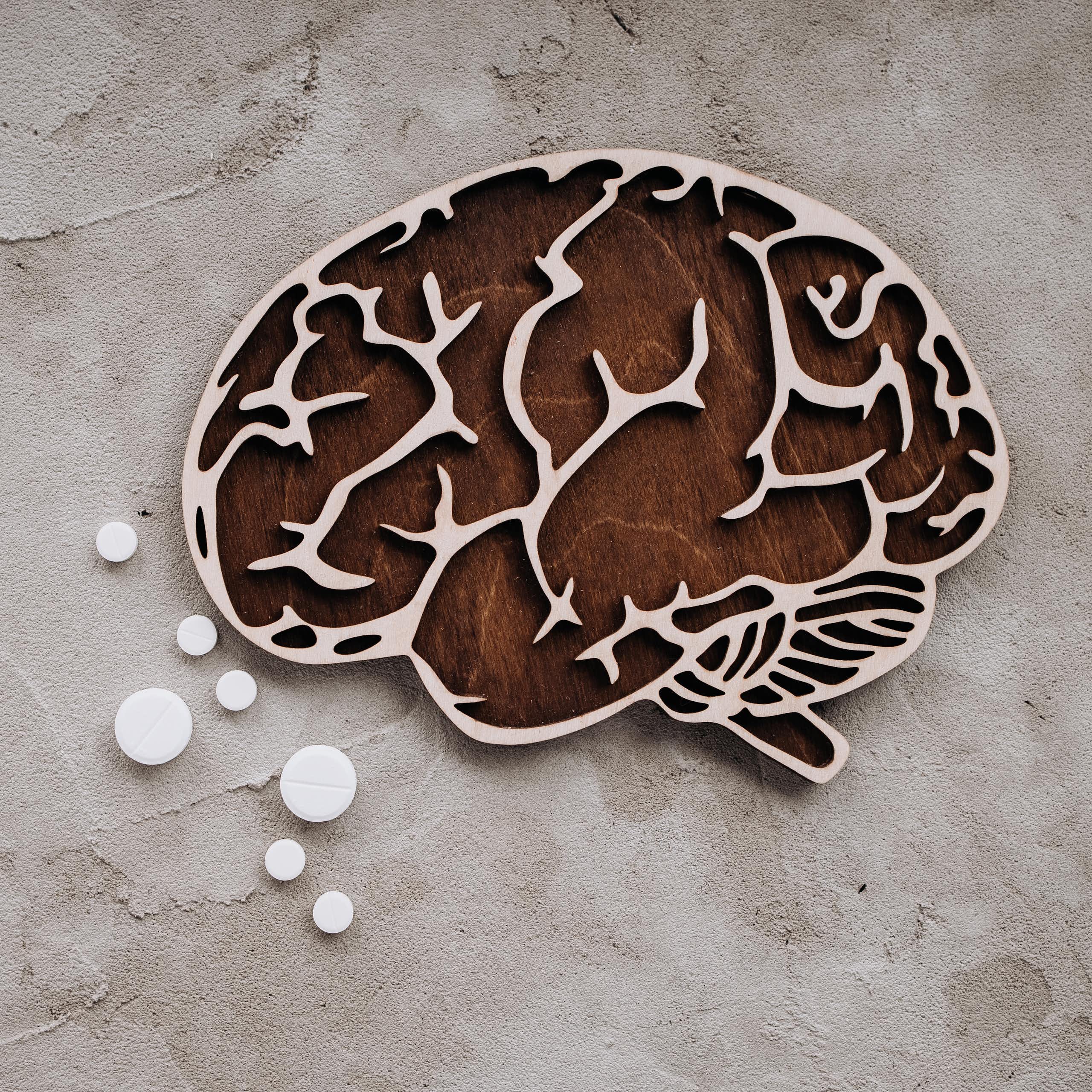 Wooden cutout of a human brain and several white tablets of different sizes