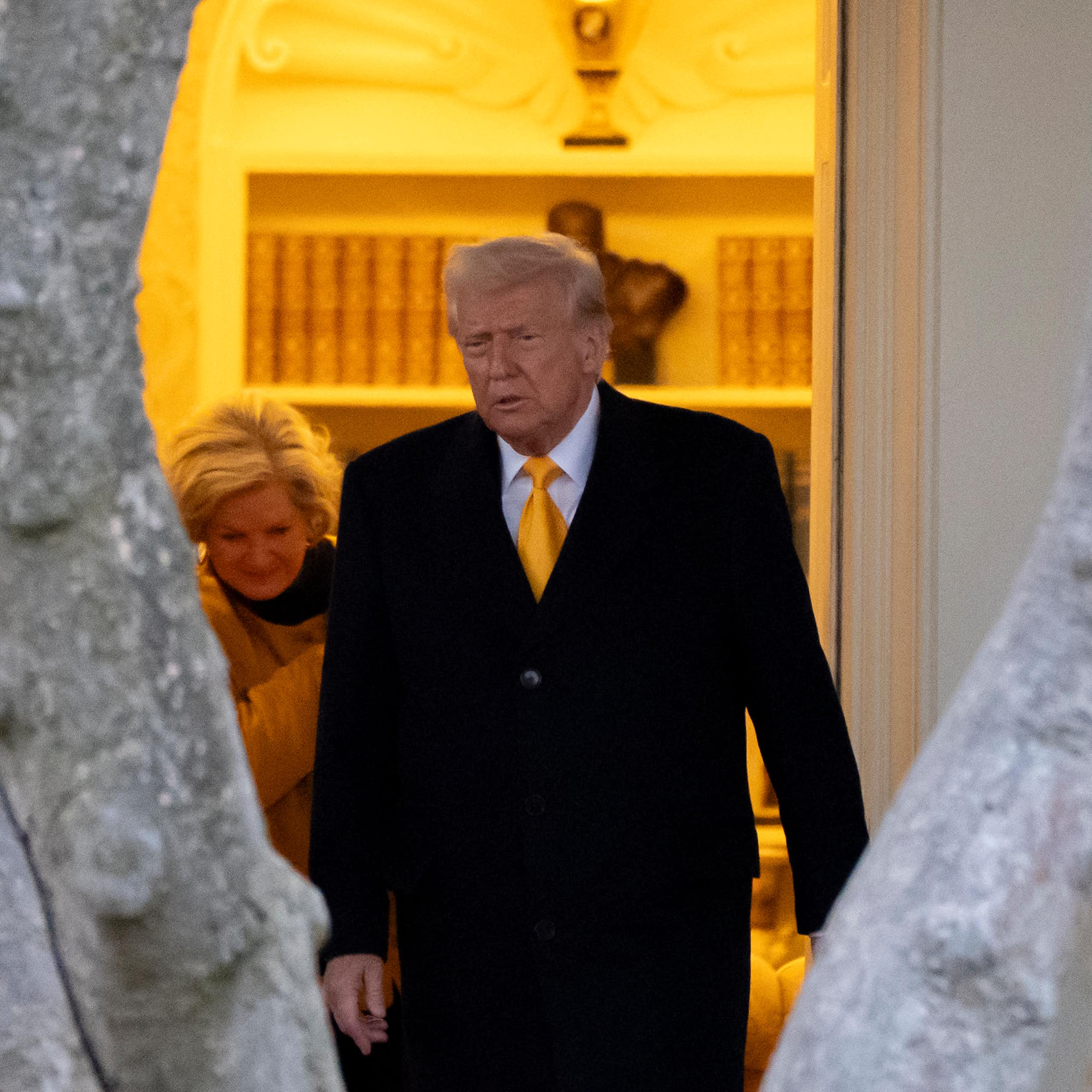 An older man with fluffy white-blond hair is photographed between two grey tree branches leaving an ornate office.