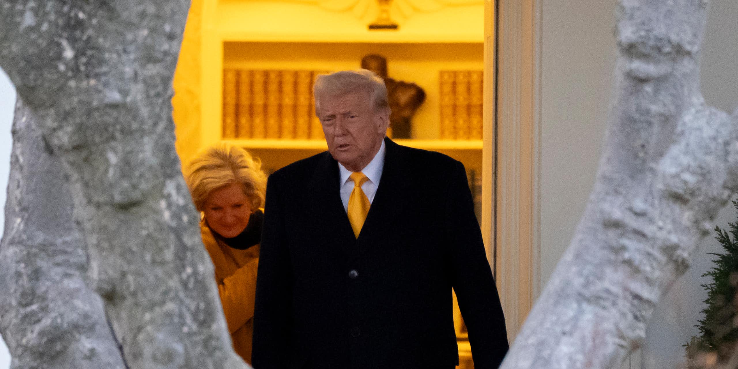 An older man with fluffy white-blond hair is photographed between two grey tree branches leaving an ornate office.