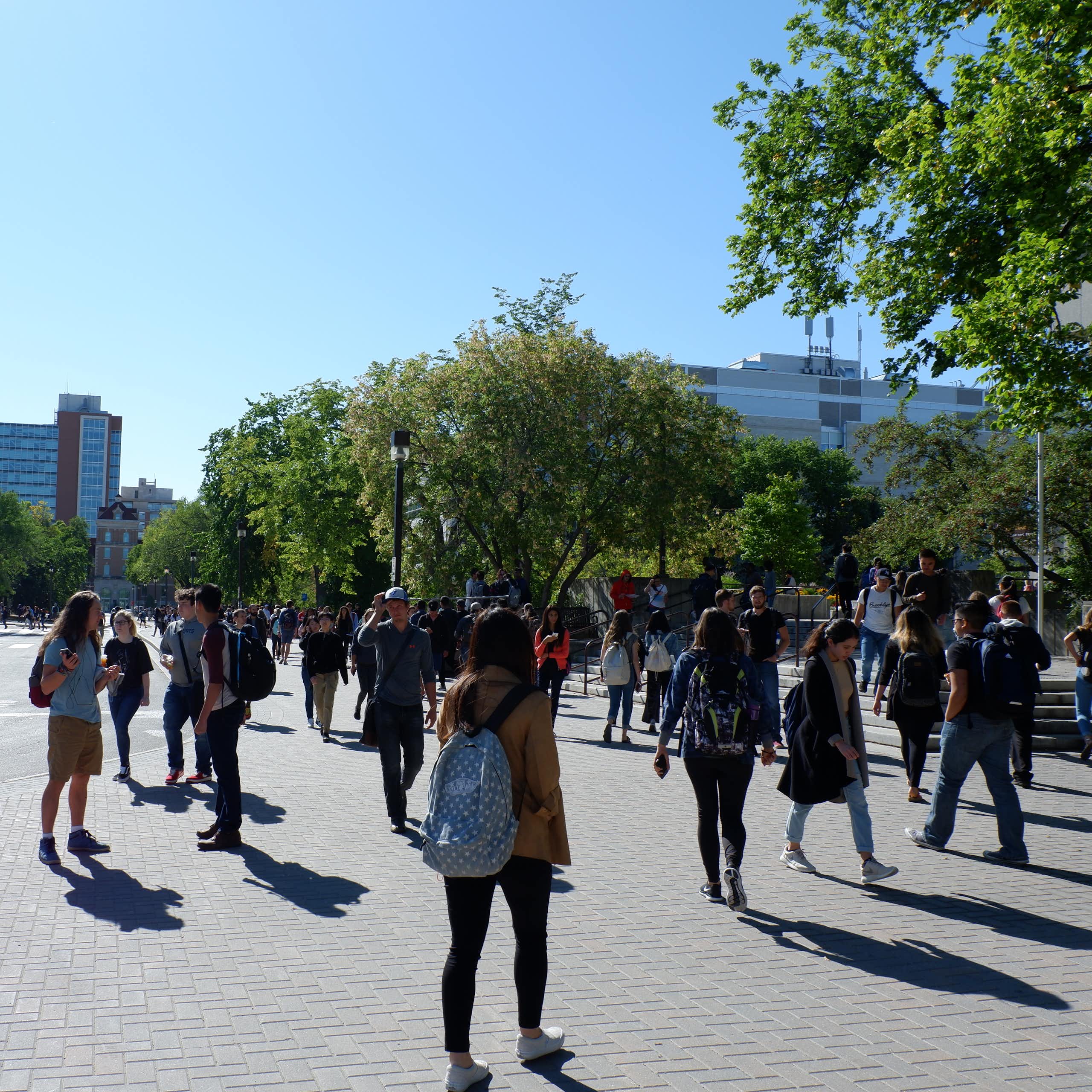 University students walking across campus.
