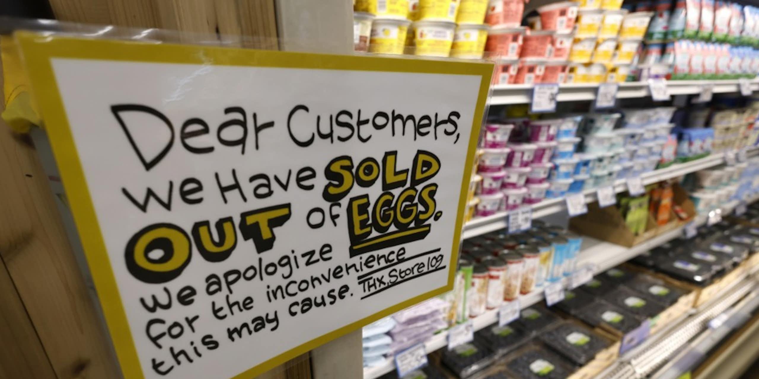 A sign in a US shop saying they had sold out of eggs.