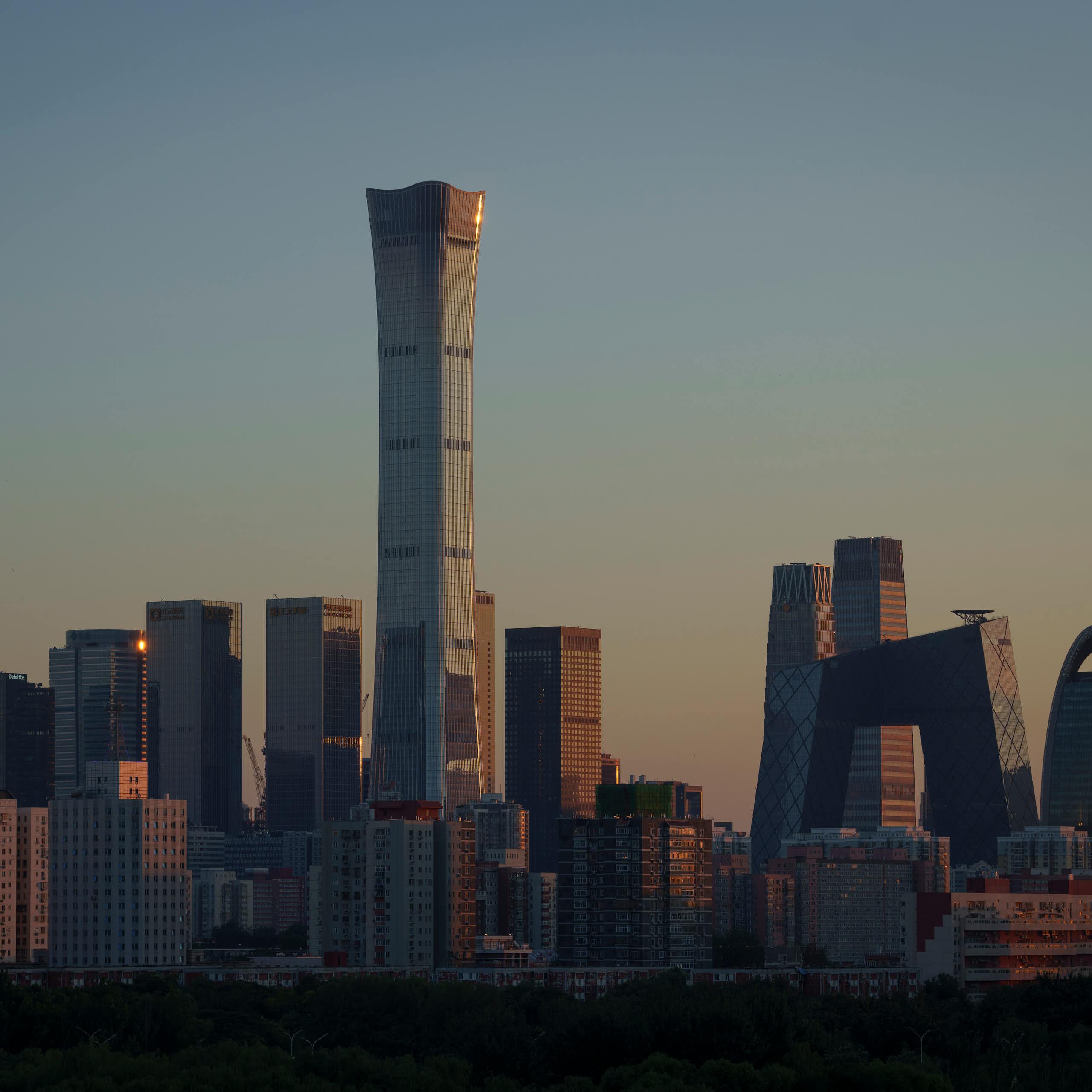 A city skyline at dusk