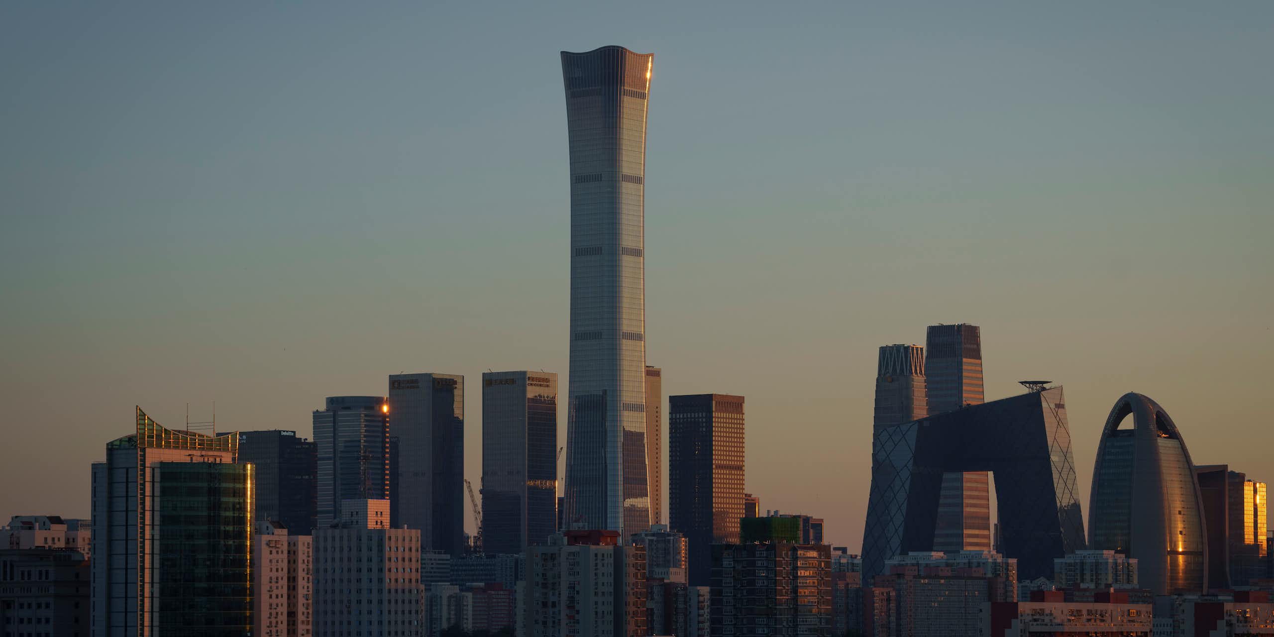 A city skyline at dusk