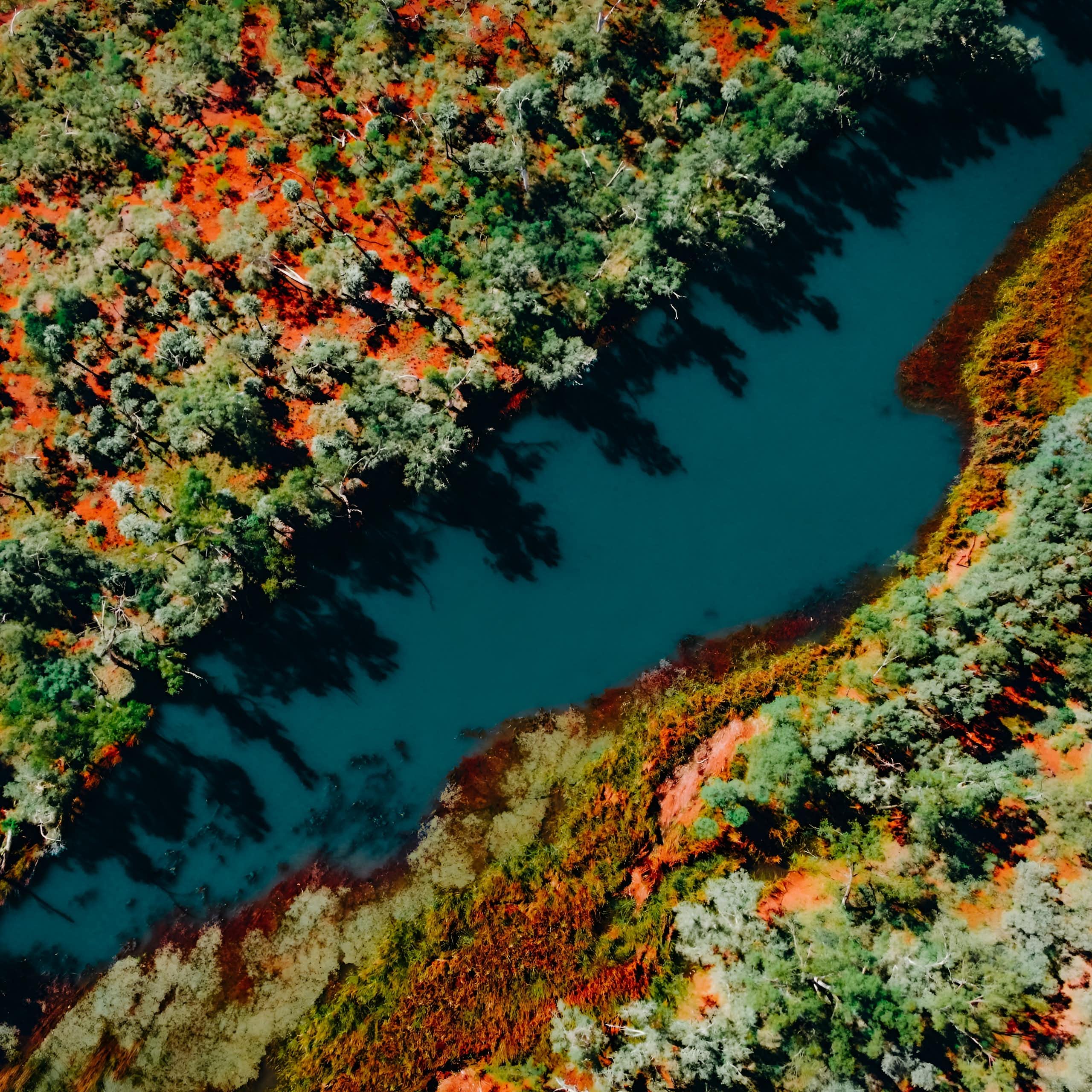 waterway and red dirt australia from above.