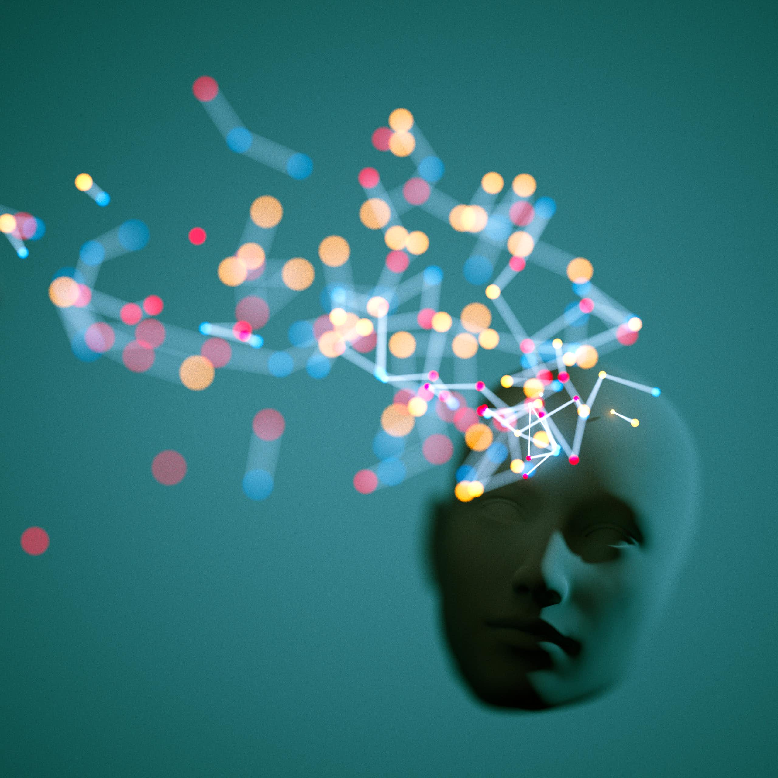 dois rostos sem corpo com pontos coloridos conectados por linhas que flutuam entre os rostos