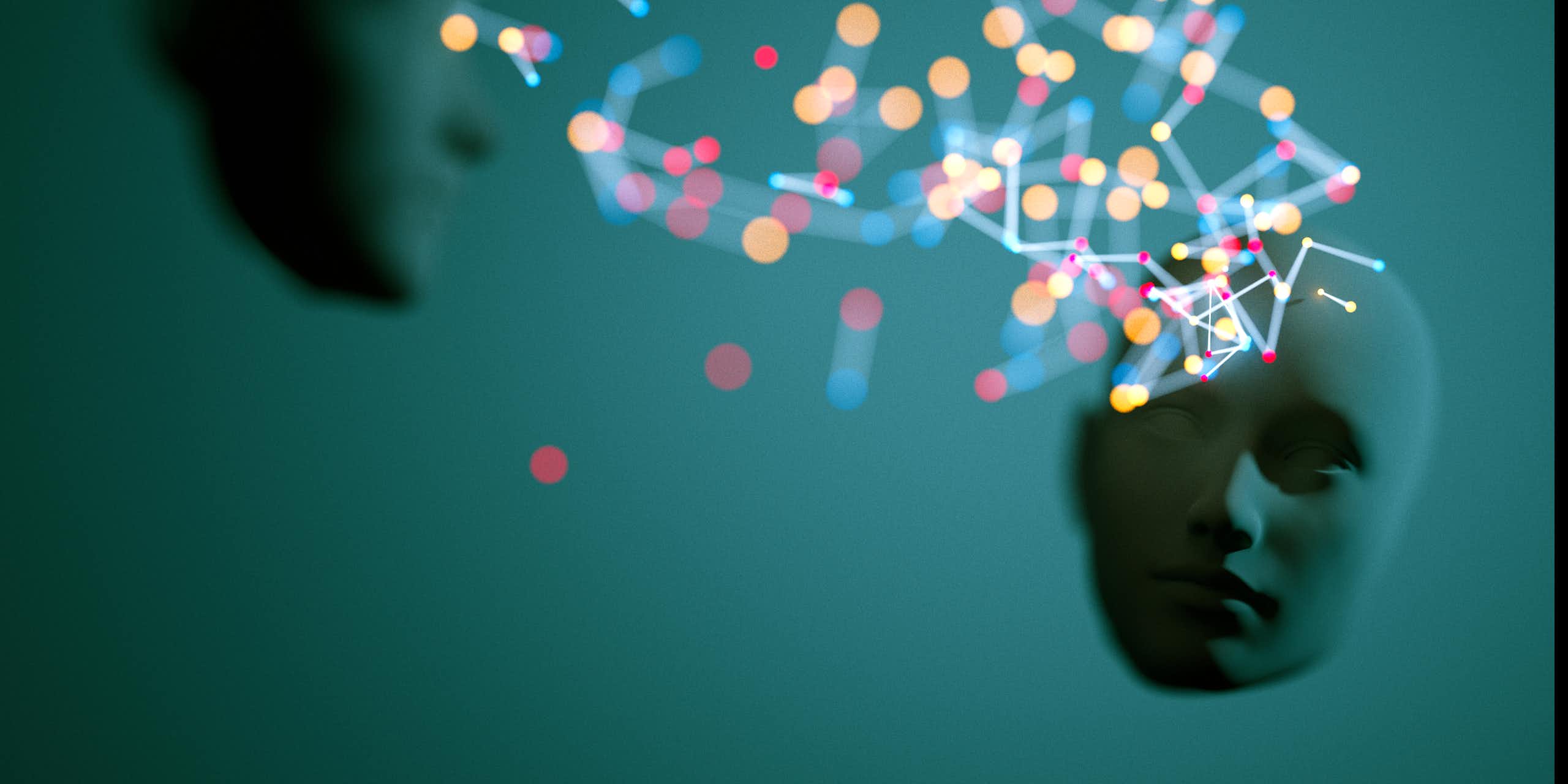 dois rostos sem corpo com pontos coloridos conectados por linhas que flutuam entre os rostos