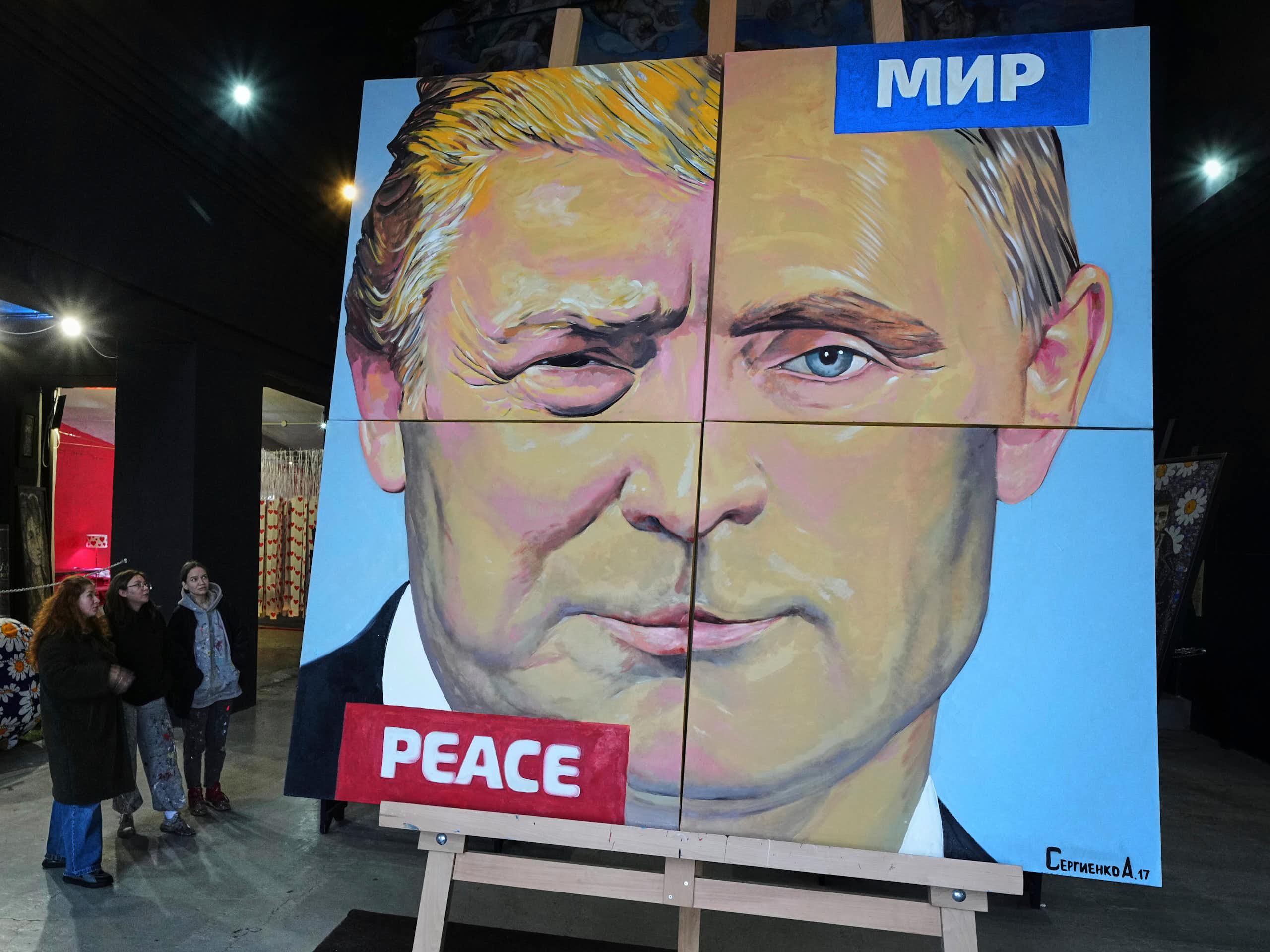 A painting melds the faces of two men.