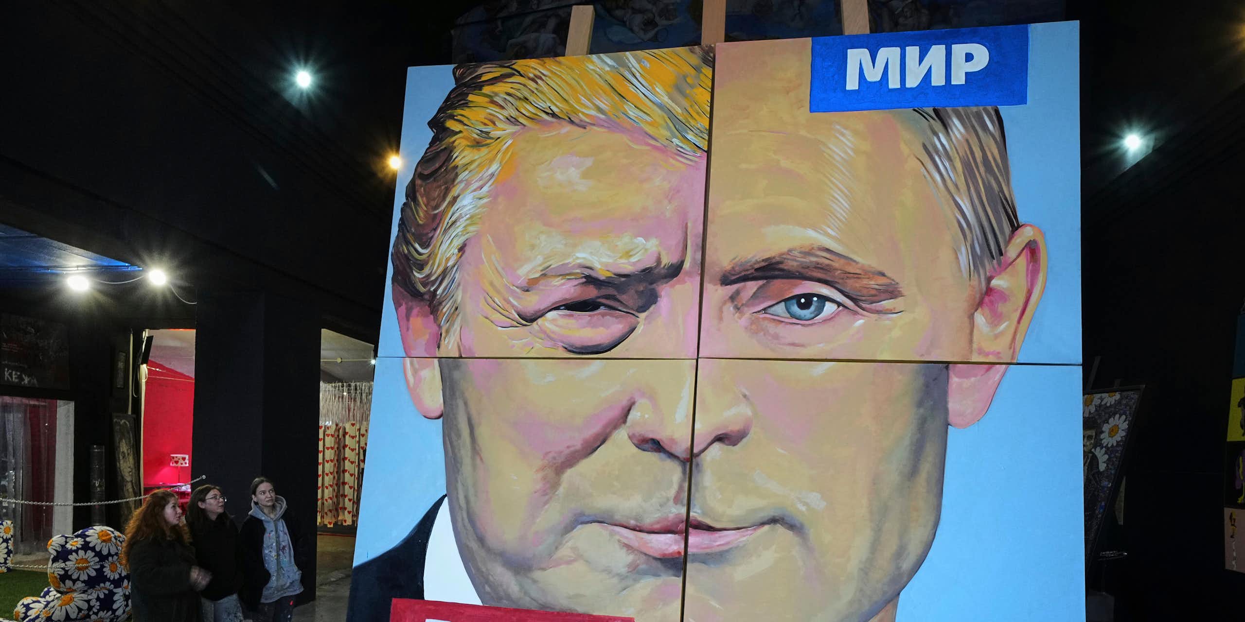 A painting melds the faces of two men.