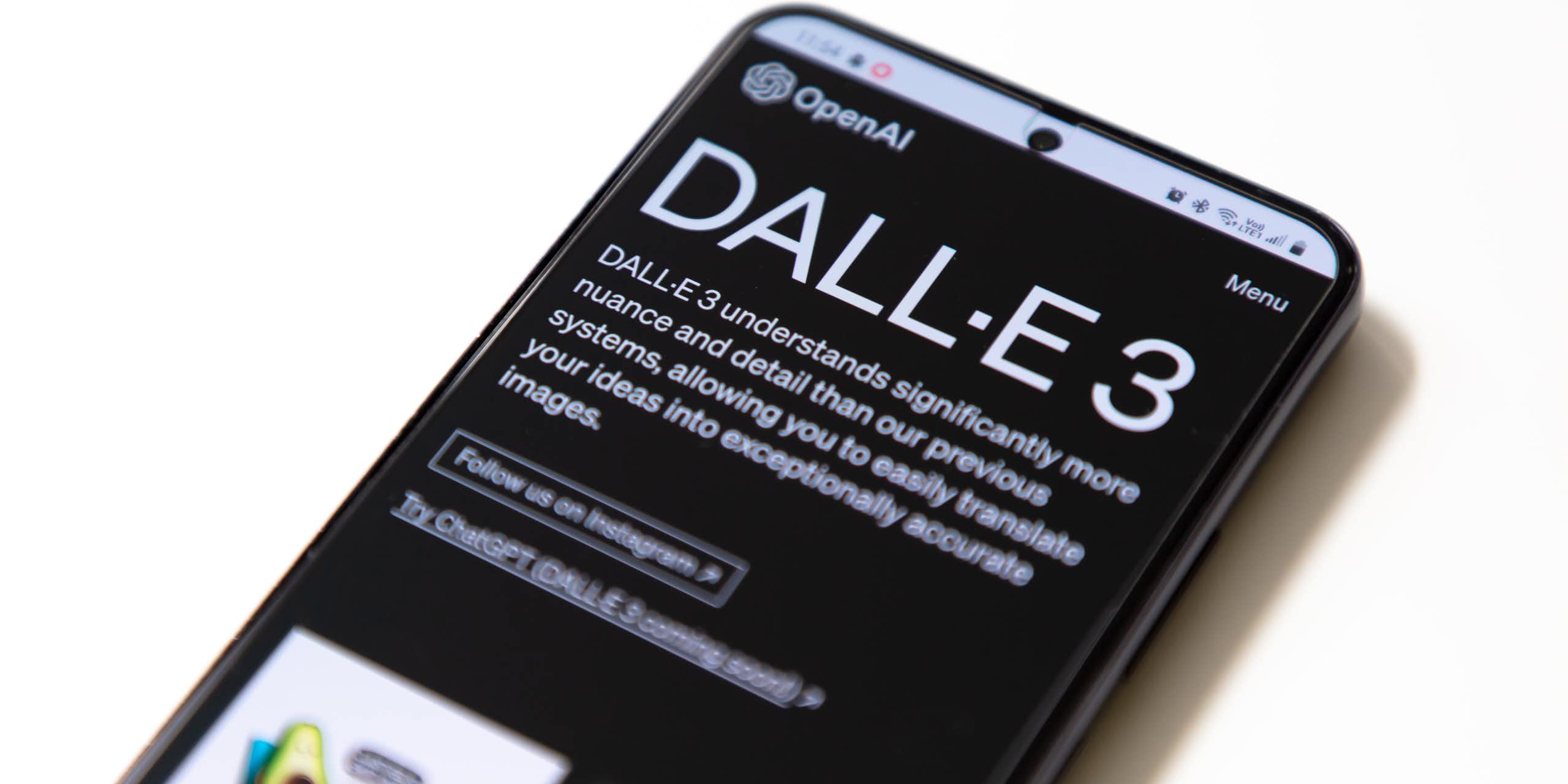 A phone with the DALL-E 3 app open, which can generate images from text descriptions.