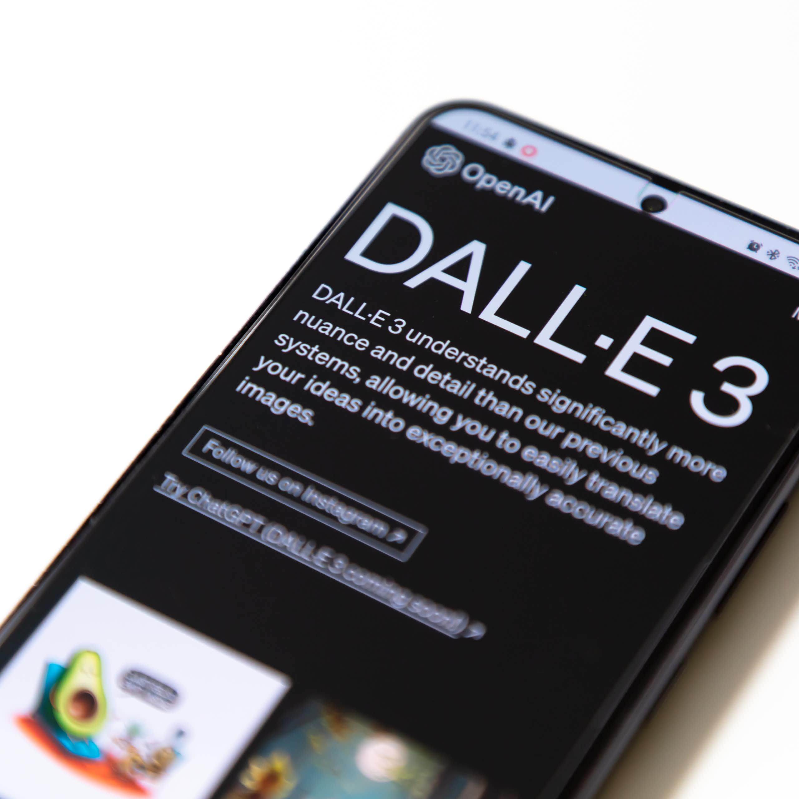 A phone with the DALL-E 3 app open, which can generate images from text descriptions.