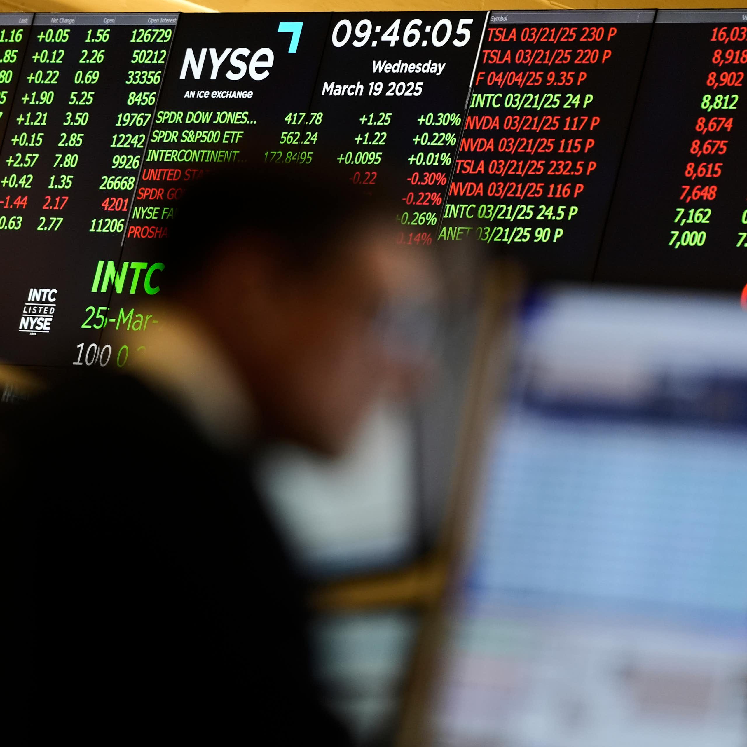 Stock market numbers displayed on a screen behind the blurred image of a person working on the options floor