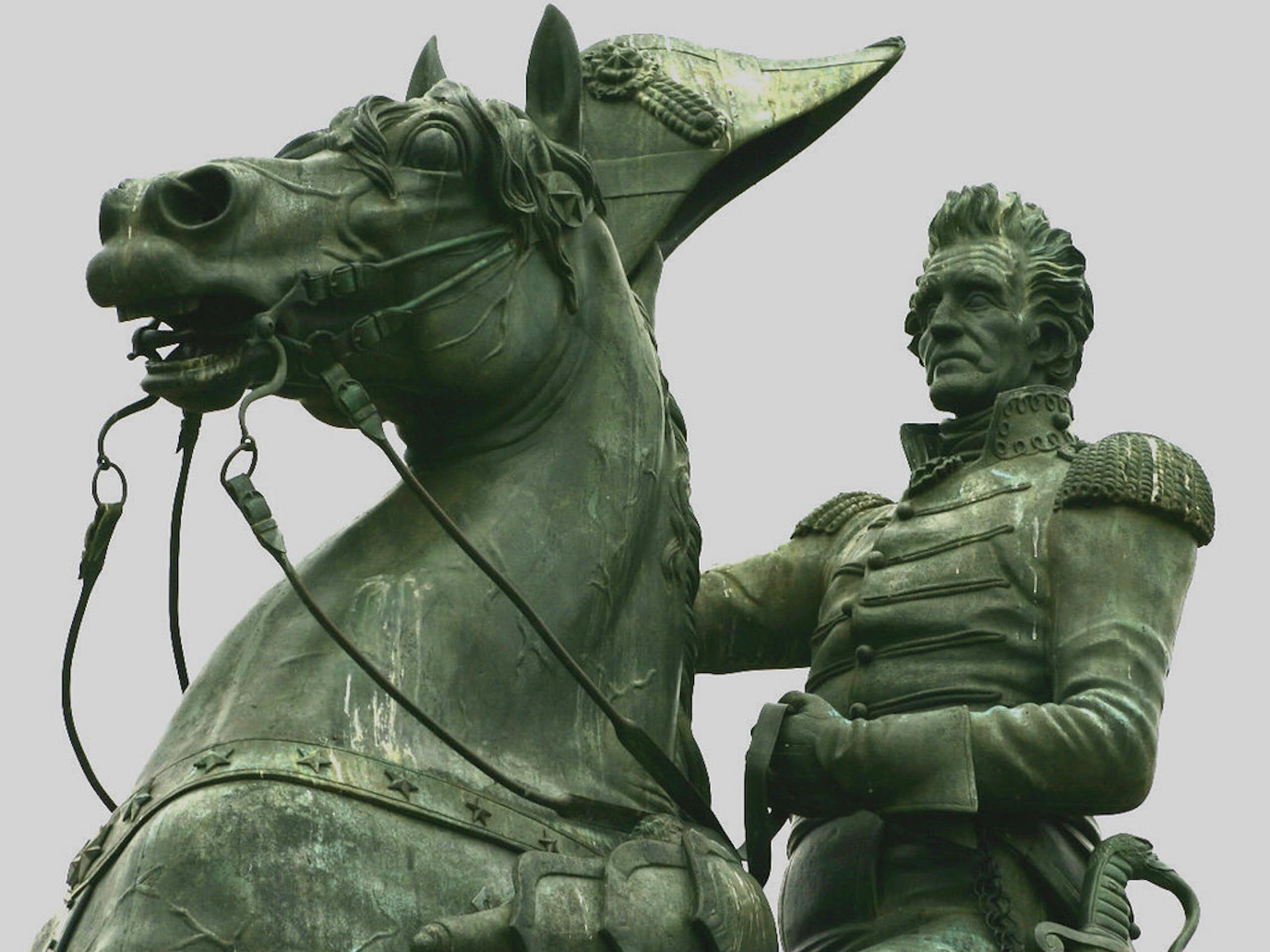 Statue of the seventh US president, Andrew Jackson, wearing military unifirm and riding a horse, in  Layfayette Square,  Washington DC.