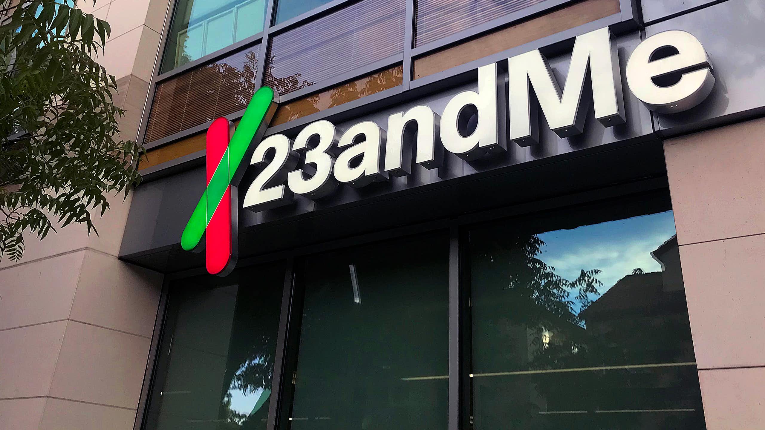 23andMe sign seen on the outside of a building