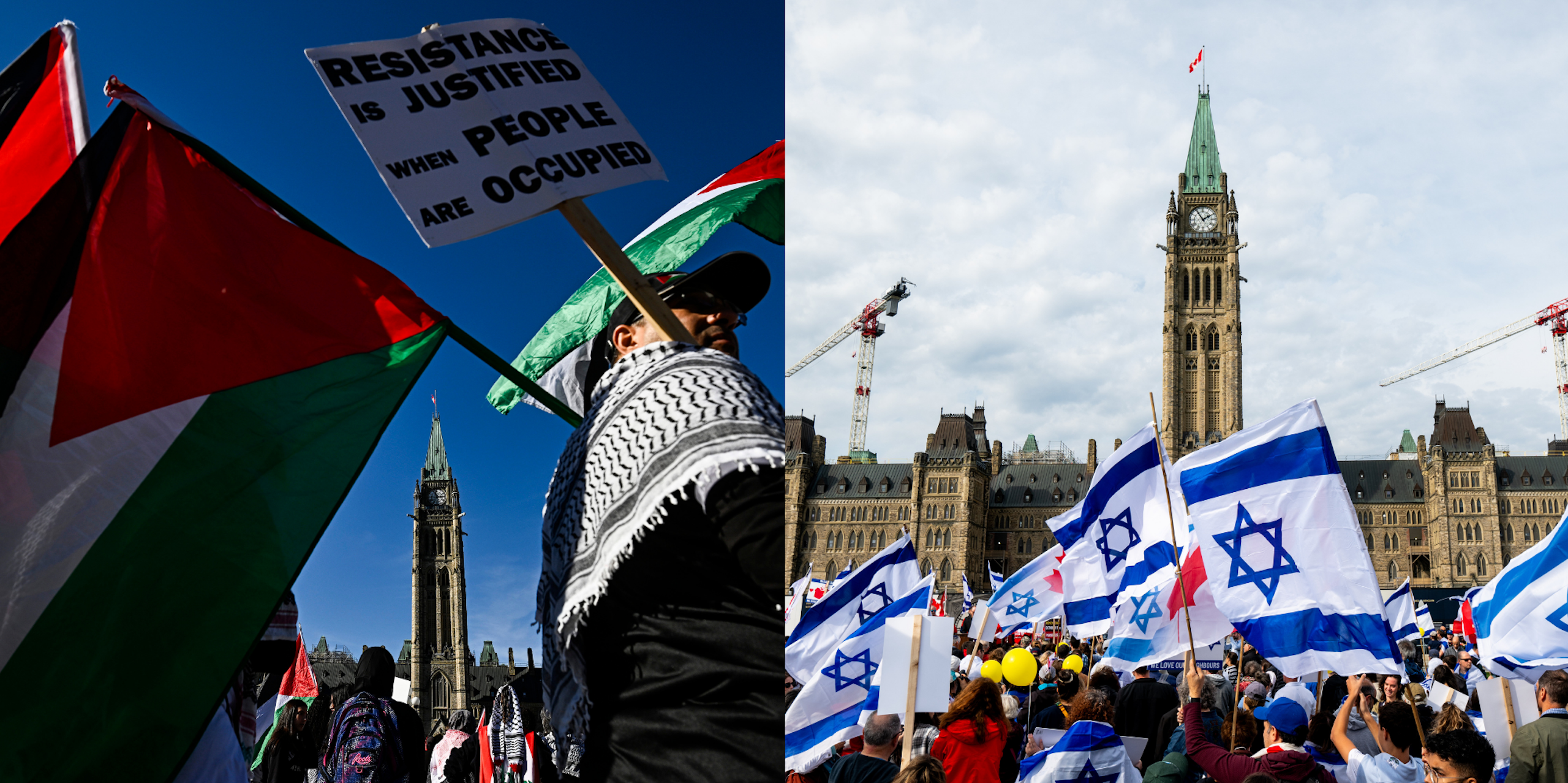 A collage showing images of two groups rallying in front of the Parliament building in Ottawa. The image on the left shows pro-Palestinian protestors with Palestinian flags, a keffiiyeh and a protest sign, and the image of the right shows a group of pro-Israel protesters holding Israeli flags.