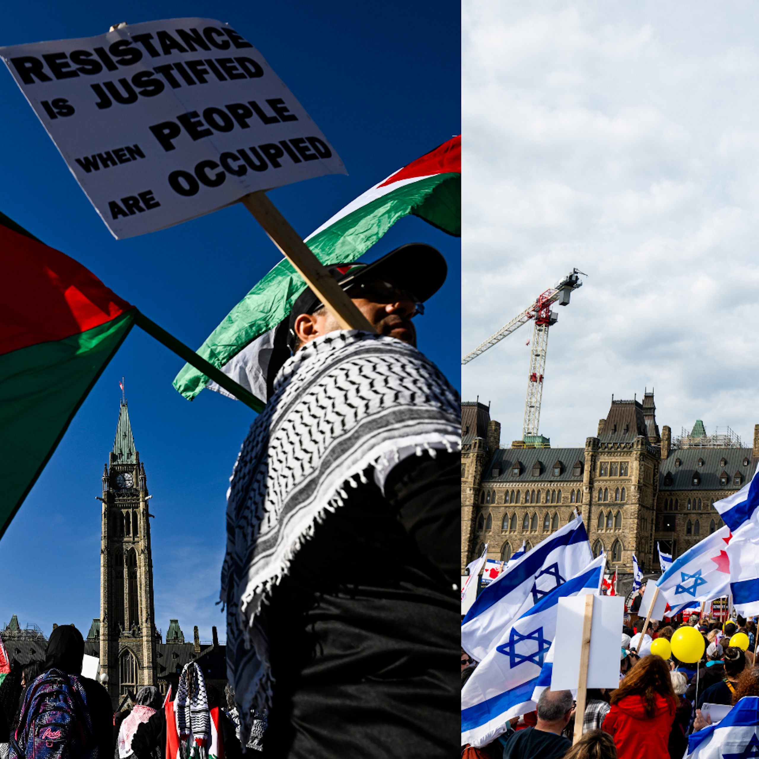 A collage showing images of two groups rallying in front of the Parliament building in Ottawa. The image on the left shows pro-Palestinian protestors with Palestinian flags, a keffiiyeh and a protest sign, and the image of the right shows a group of pro-Israel protesters holding Israeli flags.