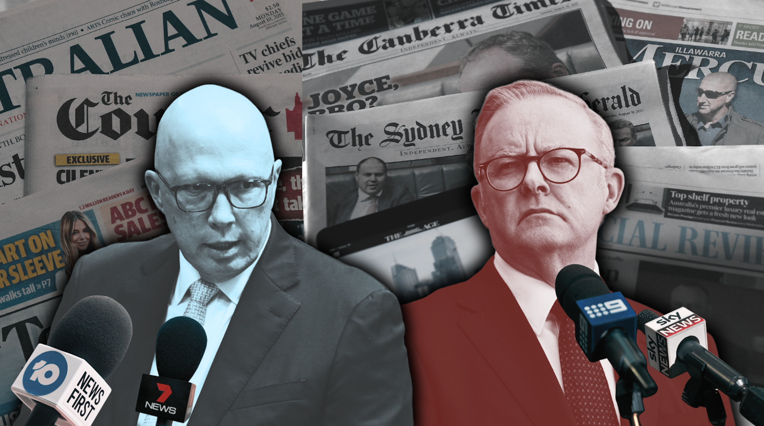 A composite image depicts Peter Dutton and Anthony Albanese set against background images of newspapers from various Australian media companies, and with news microphones displayed in the foreground.