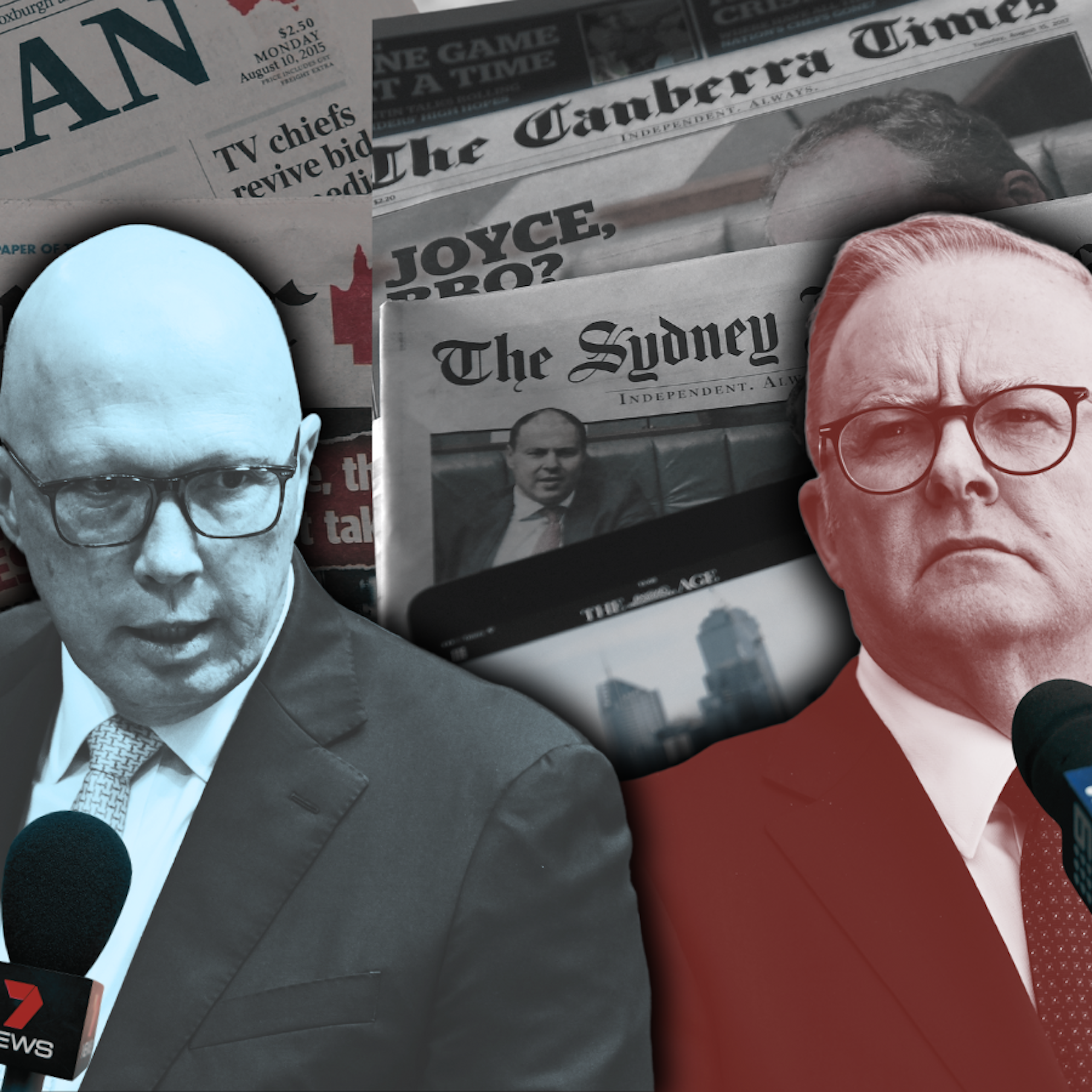 A composite image depicts Peter Dutton and Anthony Albanese set against background images of newspapers from various Australian media companies, and with news microphones displayed in the foreground.