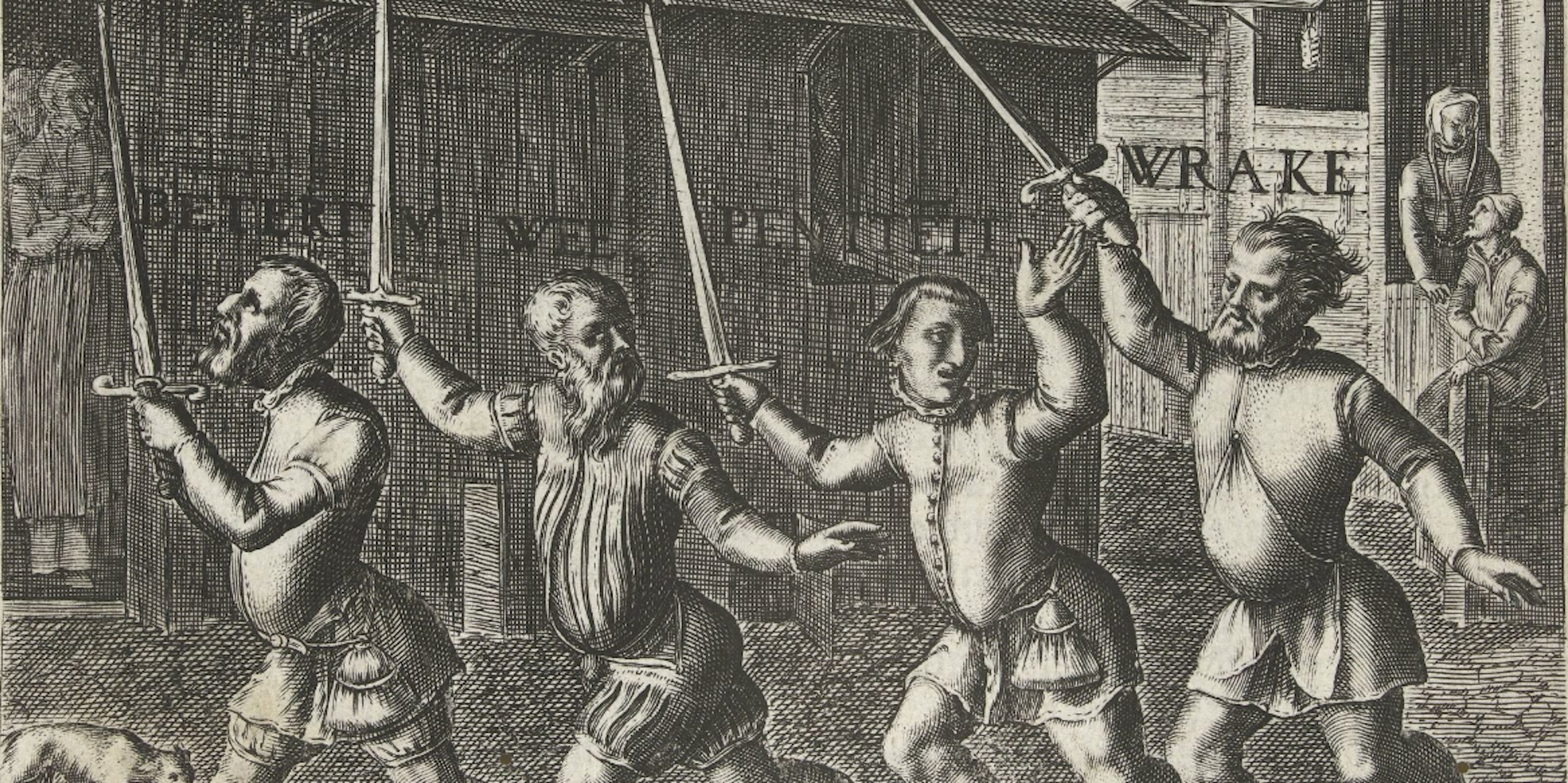 A drawing of four men dressed in 17th centry clothing walking in a row carrying swords