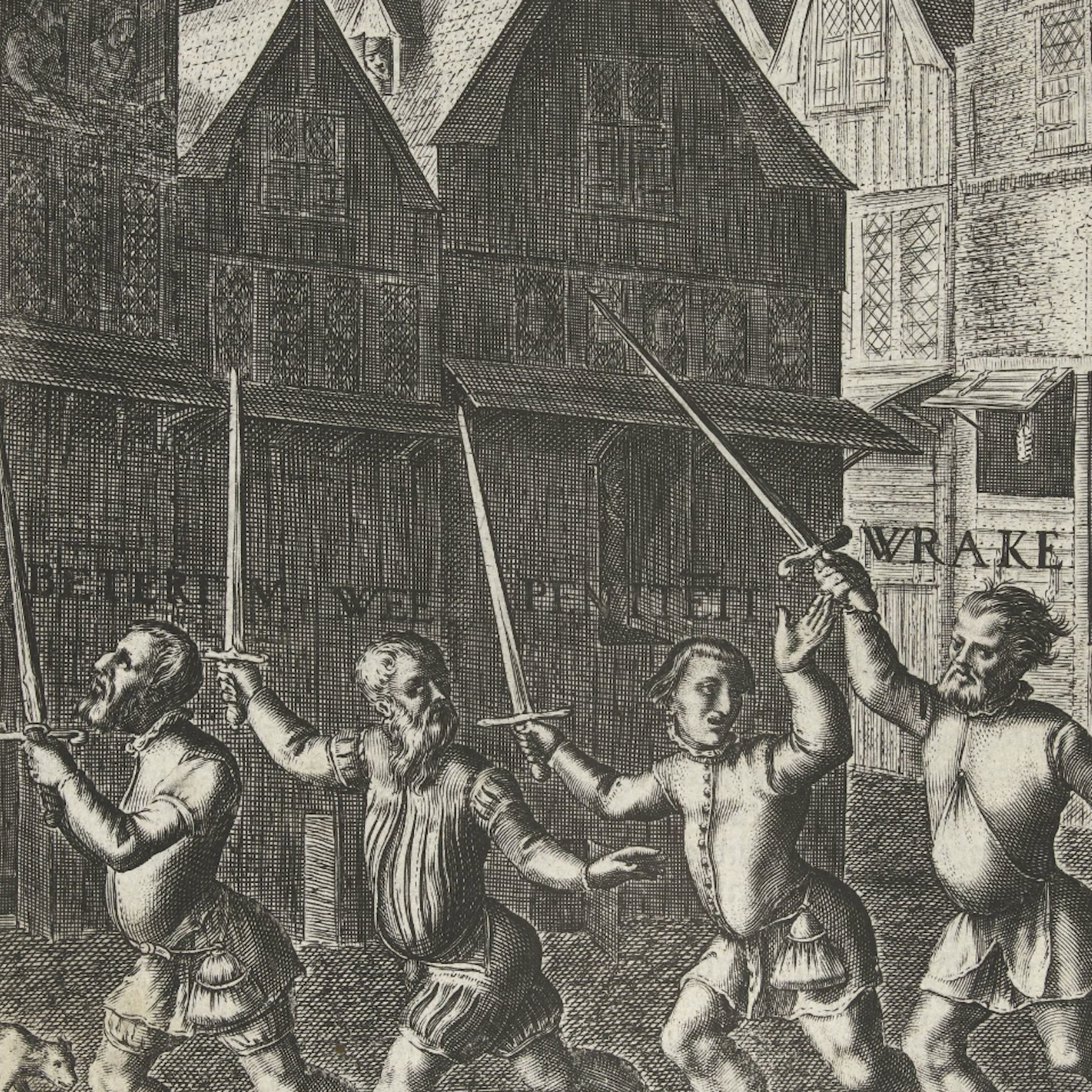 A drawing of four men dressed in 17th centry clothing walking in a row carrying swords