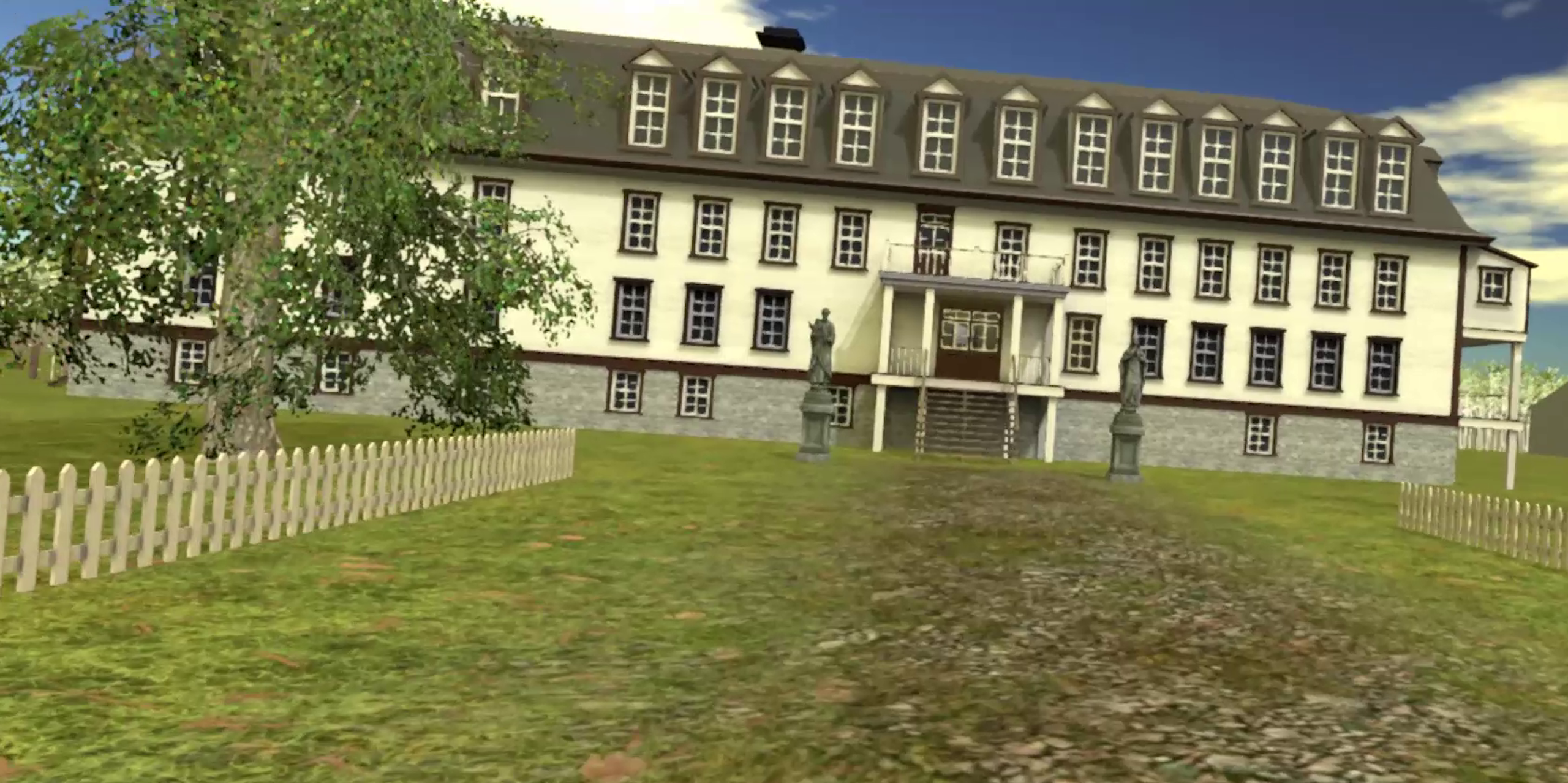 A long, 19th century European style four story building seen with statues in front and grass surrounding it.