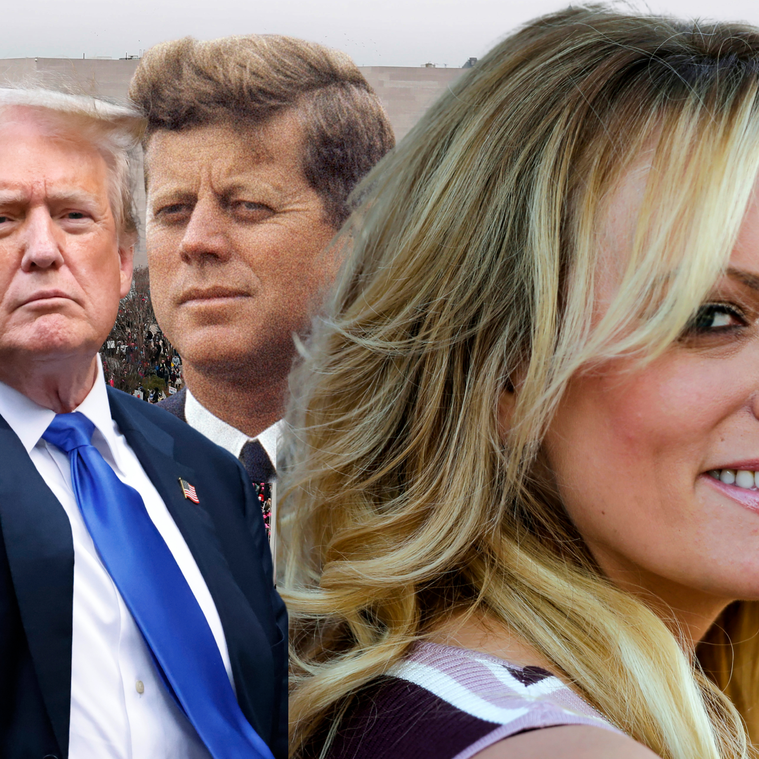 Photos of Monica Lewinsky and Stormy Daniels flanks those of Donald Trump and JFK.