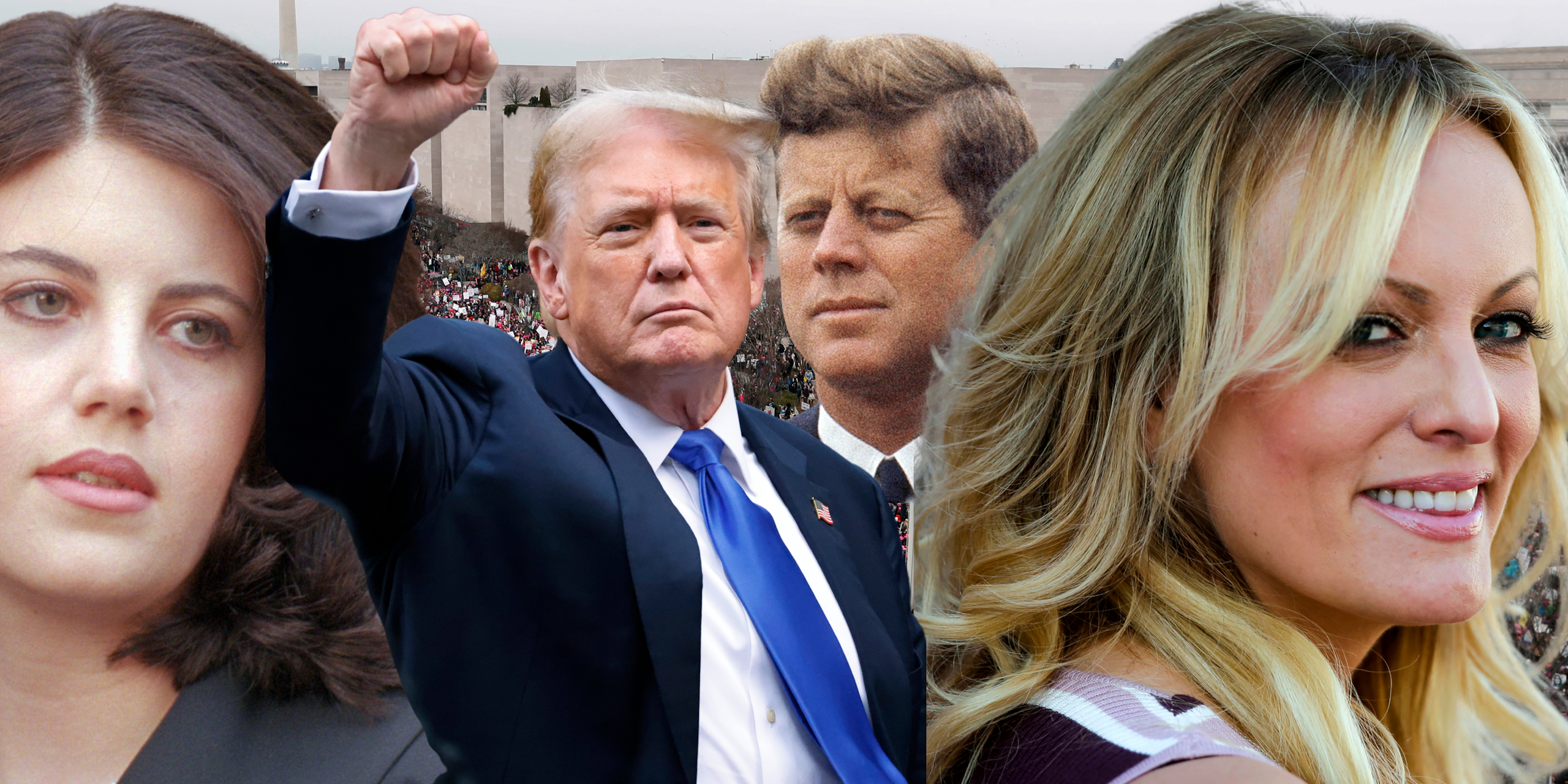 Photos of Monica Lewinsky and Stormy Daniels flanks those of Donald Trump and JFK.