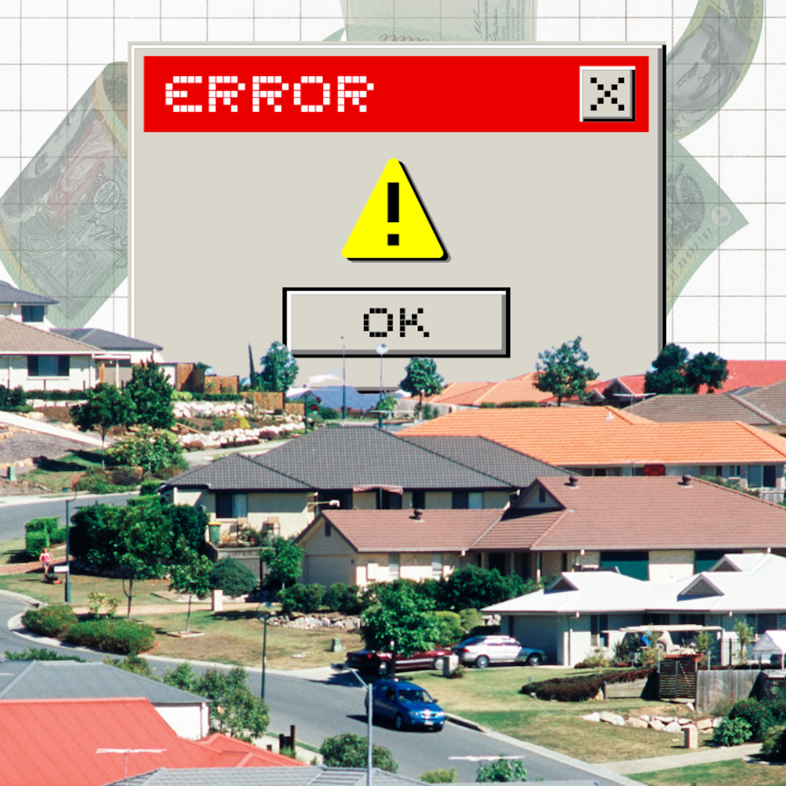 A composite image of housing with a computer error message
